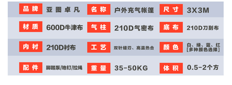 9平米戶外充氣帳篷規格說明